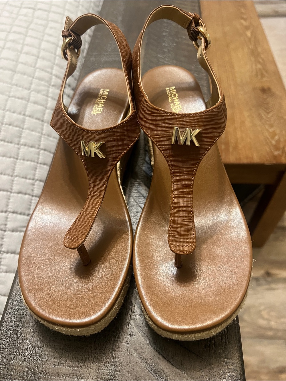 Michael Kors Tan Leather MK Logo Wedge Sandals